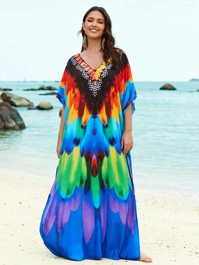 Buntes Federdruck 2024 Sommer Plus Size V Hals Kaftan Kleid Frauen Fledermaushülle Feiertagsurlaub Beachwear Bikini Cover-ups Q1594