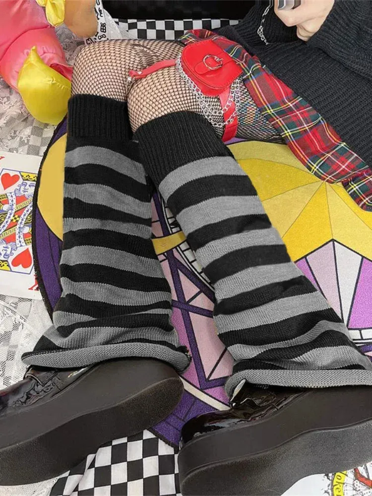 E-girl Kawaii Leg Warmers Knitted Sock Harajuku Gothic Mall Vintage Striped Knee-length Long Emo Alt Flare 240402