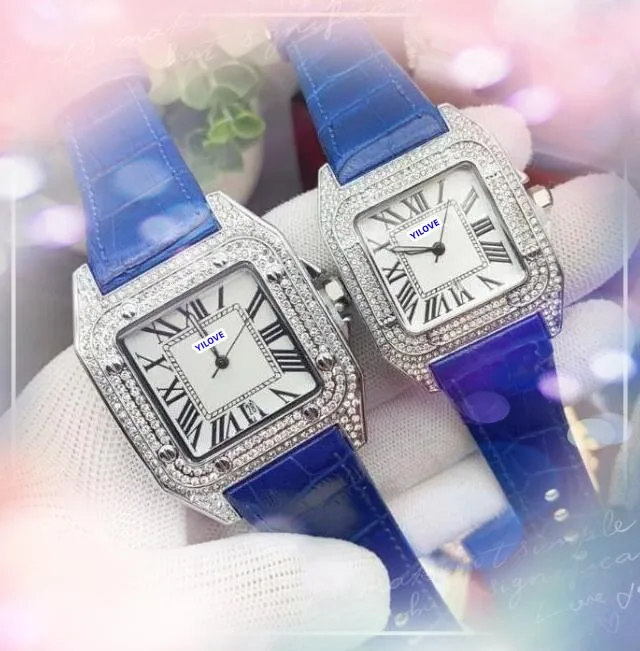 Square Roman Tank Dial Men Watch Luxury President Lady Red Blue Läderklocka Rose Gold Silver Japan Quartz Movement Diamonds Ring Armband Watches Gifts