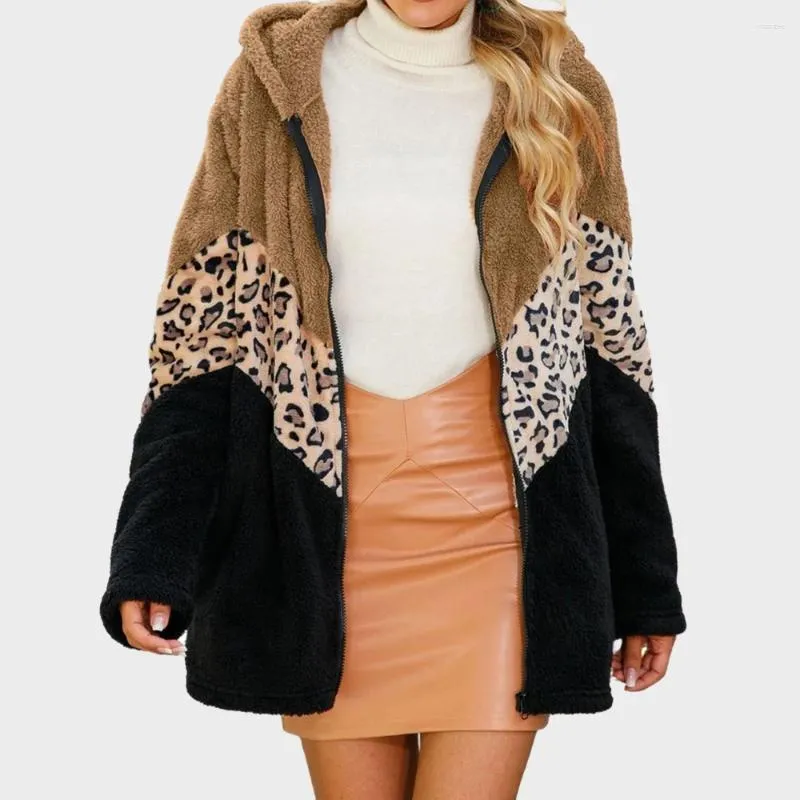 Kvinnorjackor Patchwork Leopard Print Coat Autumn/Winter Clothing Double-Sided Polar Fleece dragkedja rockar Jack Hooded Ytterkläder toppar