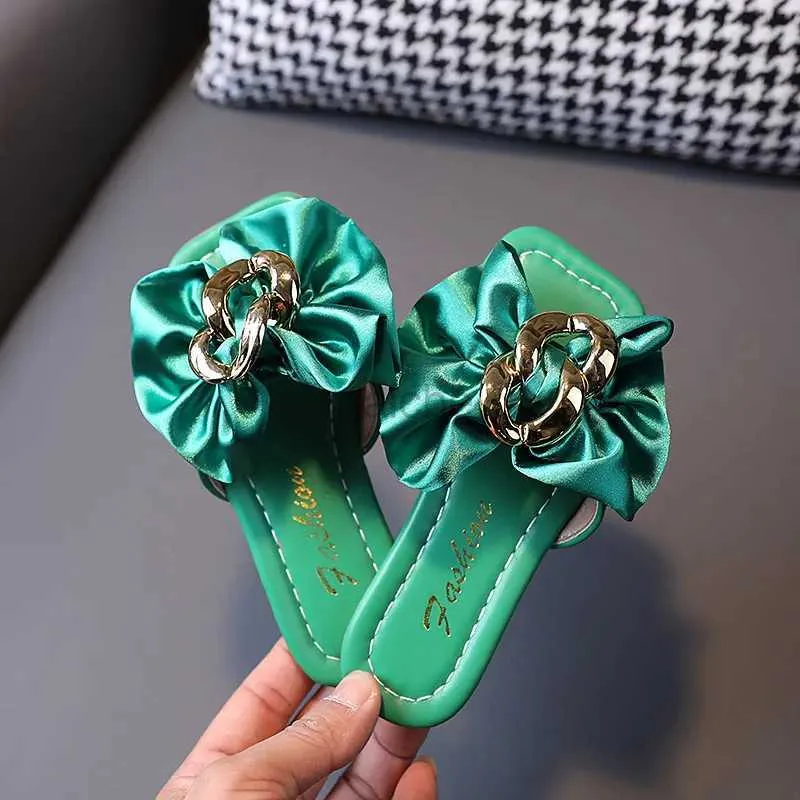 Slipper Girls Satin Bow Kids Versatile Slippers 2023 Summer New Green Simple Korean Kids Fashion Flat-Bottomed Flip-Flops Beach Shoes 2448