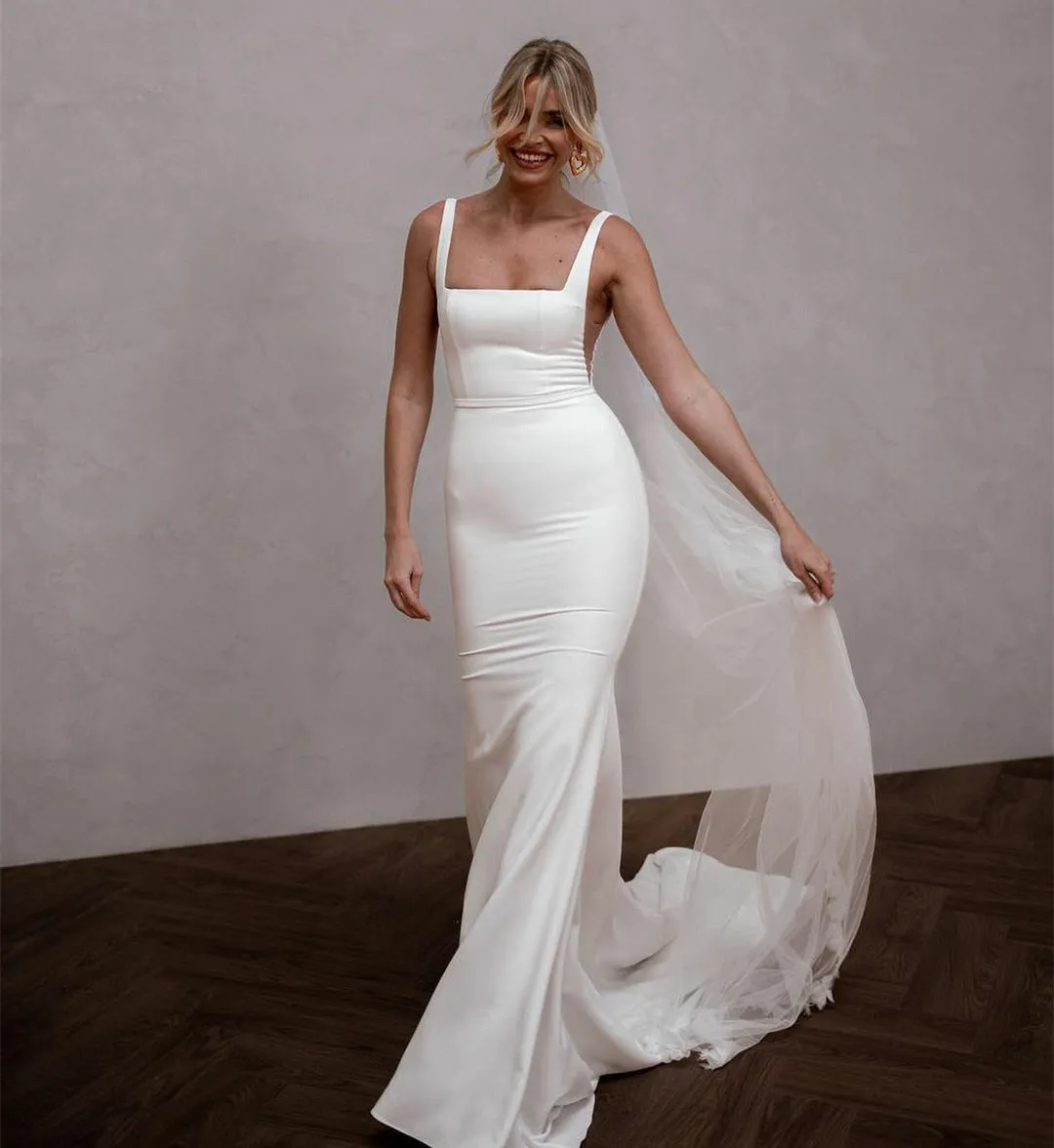 strapless open back dress Chic Long Mermaid Square Neck Satin Backless Wedding Dress With Short –  misshow.com main image 1