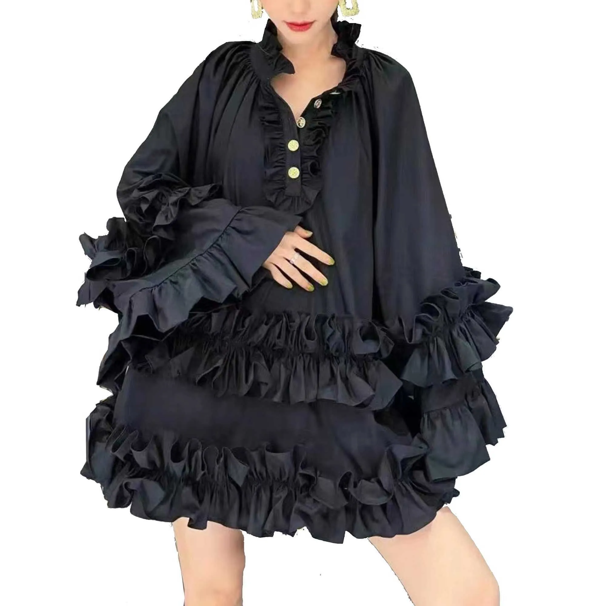 Lolita Girl Puff Langarm Ruched Black Dress Street Tragen Sie Frauen für Party