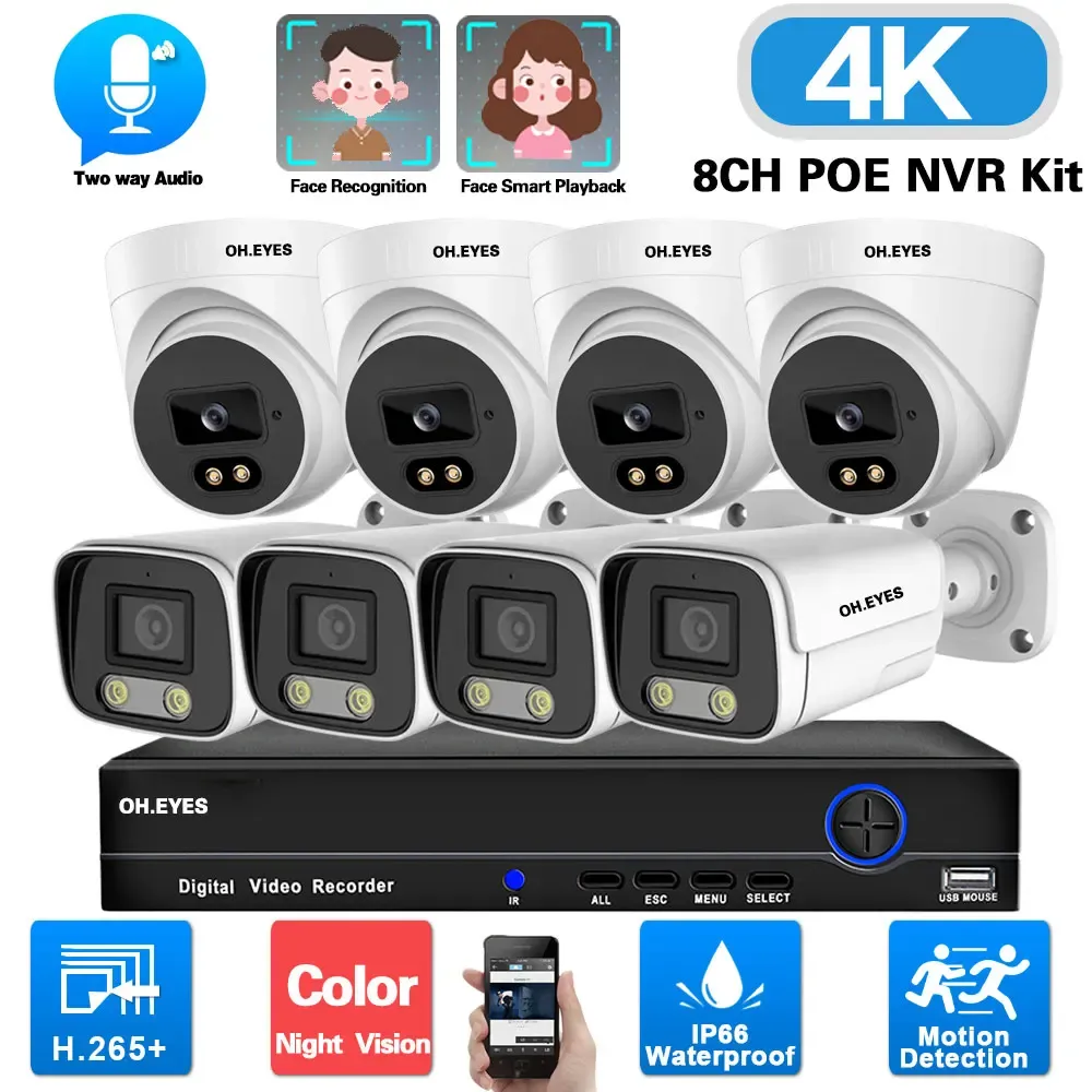 Systeem 4K Face Detection Surveillance Camerasysteem 8mp 8ch POE NVR KIT 2 WAID Audio CCTV Camera Security System Kit Full Color IP Cam