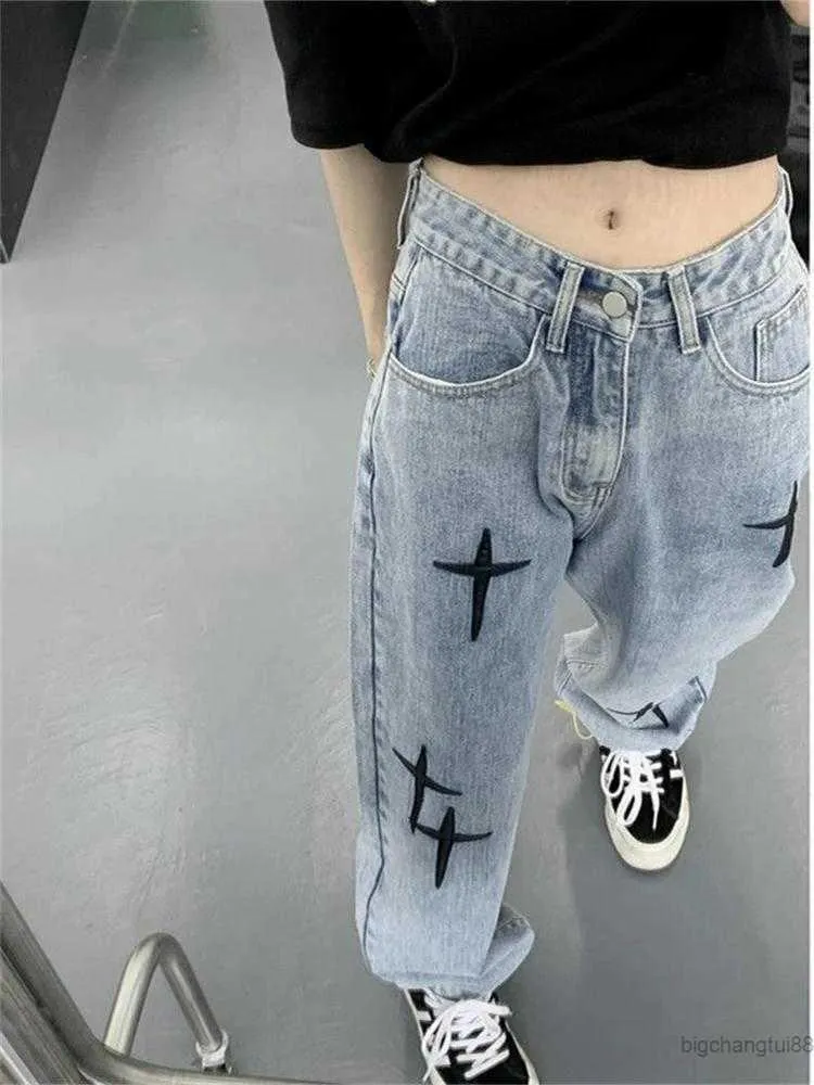 Jeans qweek grunge streetwear cross broderi breda ben jeans kvinnor hip hop retro harajuku överdimensionerad höst mode denim byxor baggy