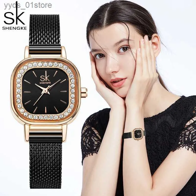 Relógios femininos shengke elegent quadrado discagem feminina es moda diamante diamante preto aço inoxidável mulher quartzo pulseira relógio feminino l46