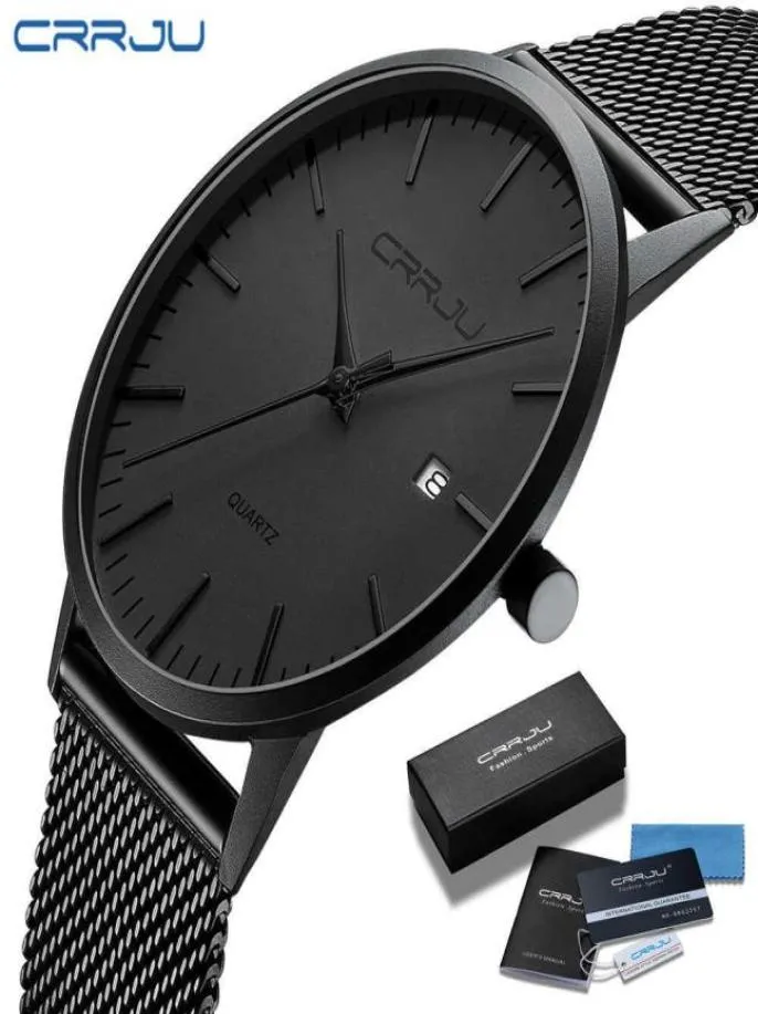 Crrju Fashion Mens Watches Ultra Shin Quartz Watch Men Casual Mesh Acciaio Waterproof Watch Black Relogio Masculino X06251131735