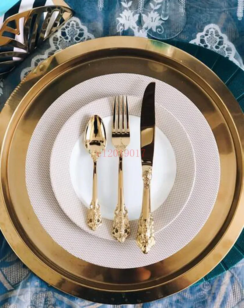 Golden Plated Cutlery Set Stainless Steel Knife Forks Teaspoon Gold Dinnerware Wedding Christmas Tableware