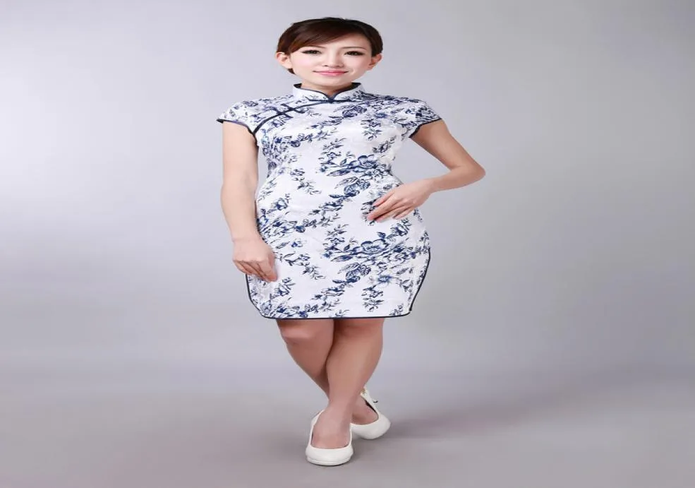 Impressão elegante chinesa chinês cheongsam colar de gola alta coberta mangas curtas vestidos chineses mini vestido de noite lateral curto