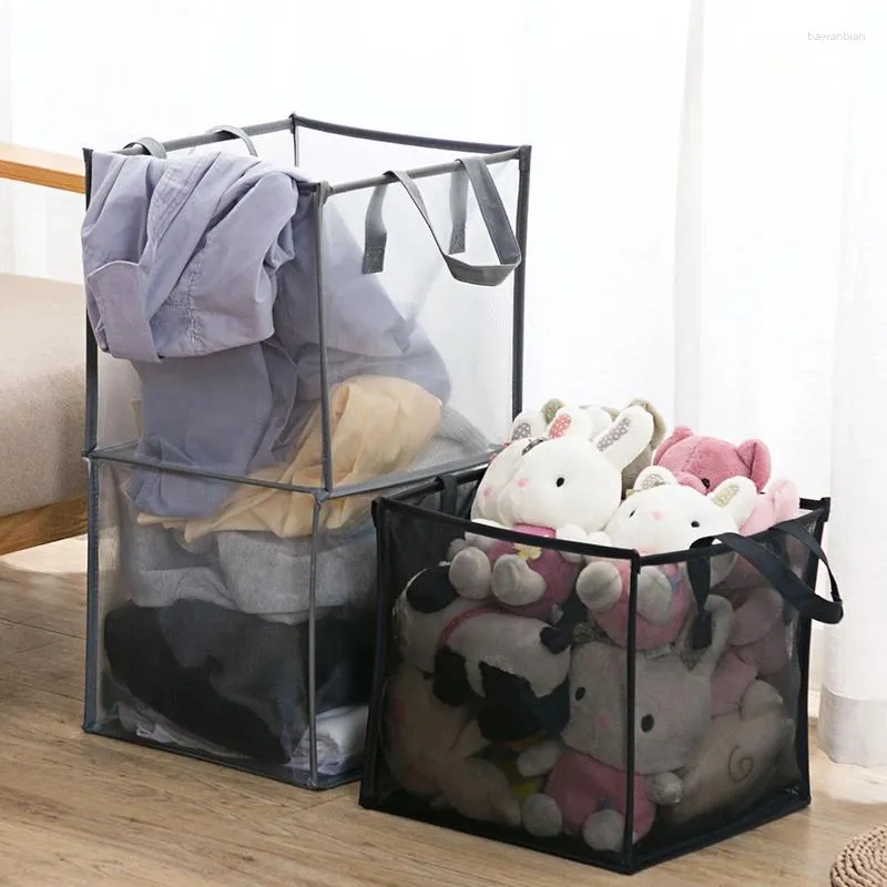 Tvättpåsar Fällkorg med handtagskläder Toy Storage Hollow Mesh Breattable Hushåll Hamper Sundries Org