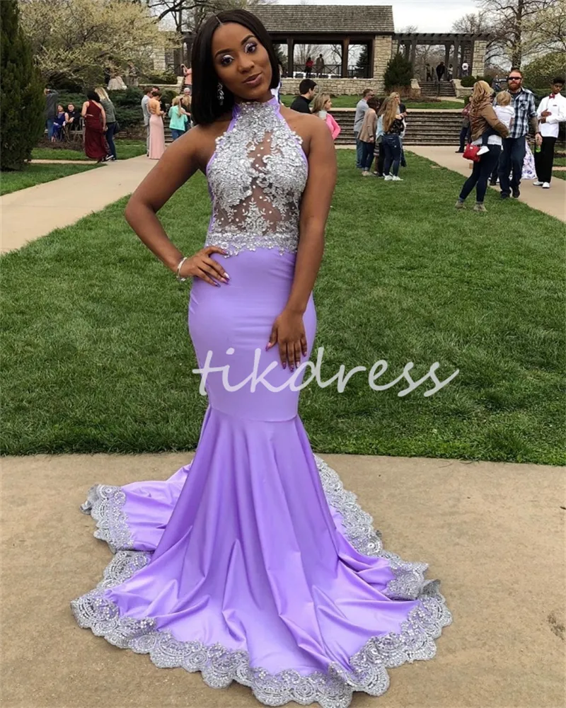 Robe de bal de filles de filles noires lilas uniques 2024 avec des appliques en argent sirène sans manches robe de soirée formelle