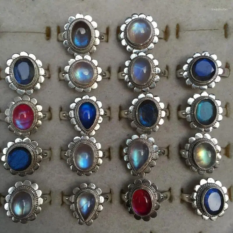 Cluster anneaux bocai s925 bijoux en argent ouvert petite fleurie femme anneau naturelle lunstone labradorite fraîche et charmant cadeau
