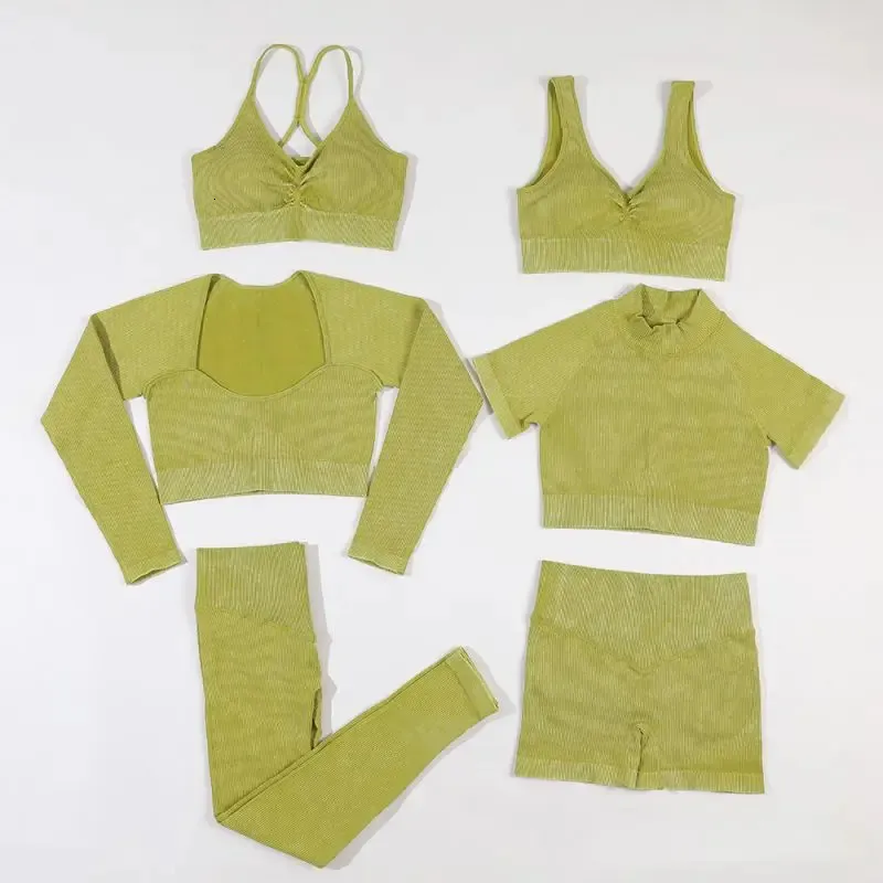 Mujeres Lavado acanalado de yoga sin costura de yoga Dos piezas Sportwear Women Se adapta a la ropa de entrenamiento de la cintura alta para mujeres.