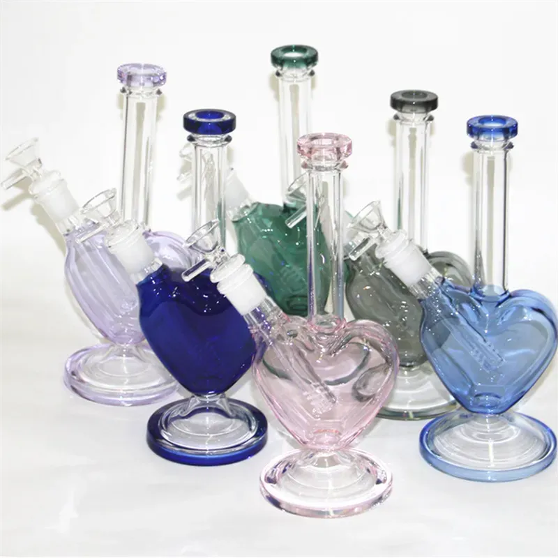 Heart Shape Pink Green Blue Color Hookahs Glass Bongs Water Pipes Oil Rig Dab Rigs with 14mm Smoking Dry Herb Bowls