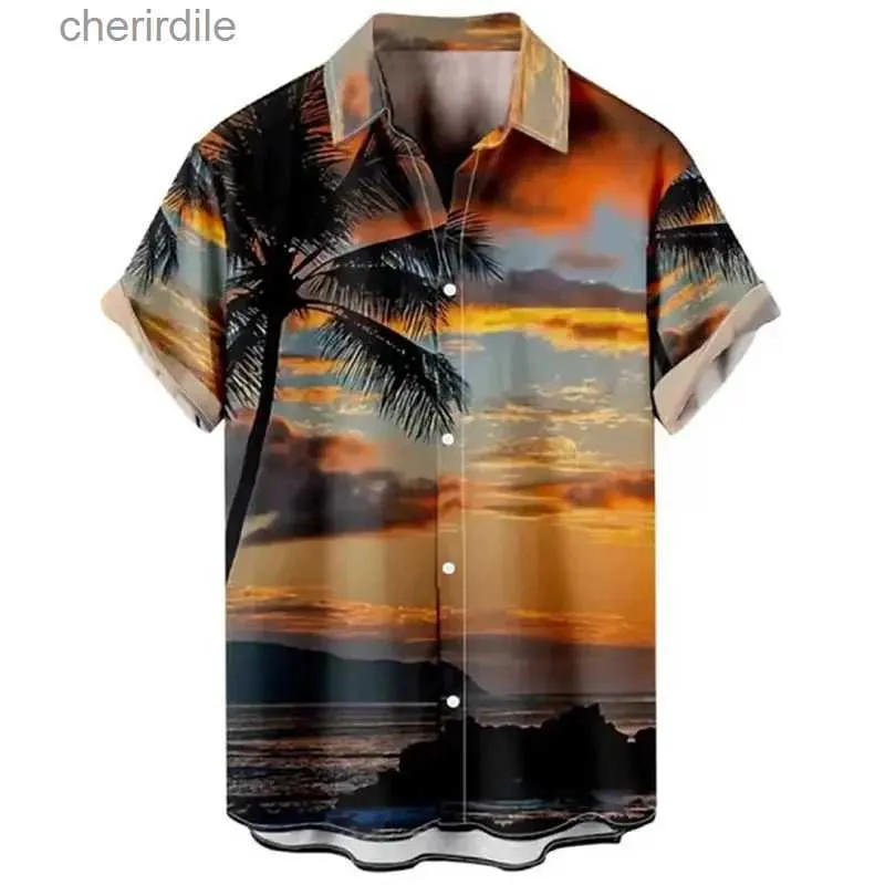 Camisas casuais masculinas Camisa havaiana de verão Aloha Mens camisa leopardo Penas da paisagem floral Lappel 3D Impressão ao ar livre Botão de manga curta Top YQ240408