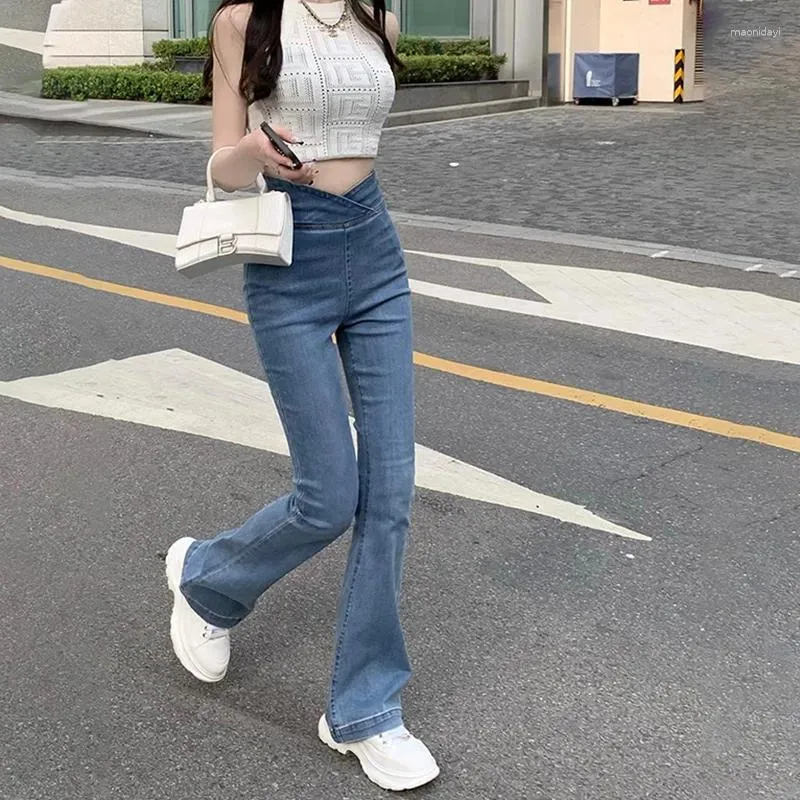 Women's Jeans Xpqbb Fashion Cross Waist Women Silm Fit Flared All-Match Street Style Denim Trousers Woman Vintage Washed Full Pants