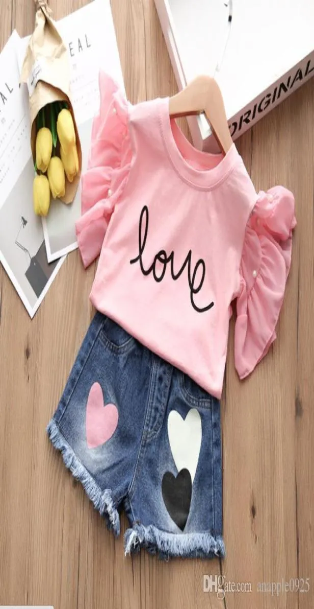 Explosion Girls Set 2019 Korean Children039s Denim pantalones de mezclilla Camina corta Twopiece Children039s Wear Pink2041892