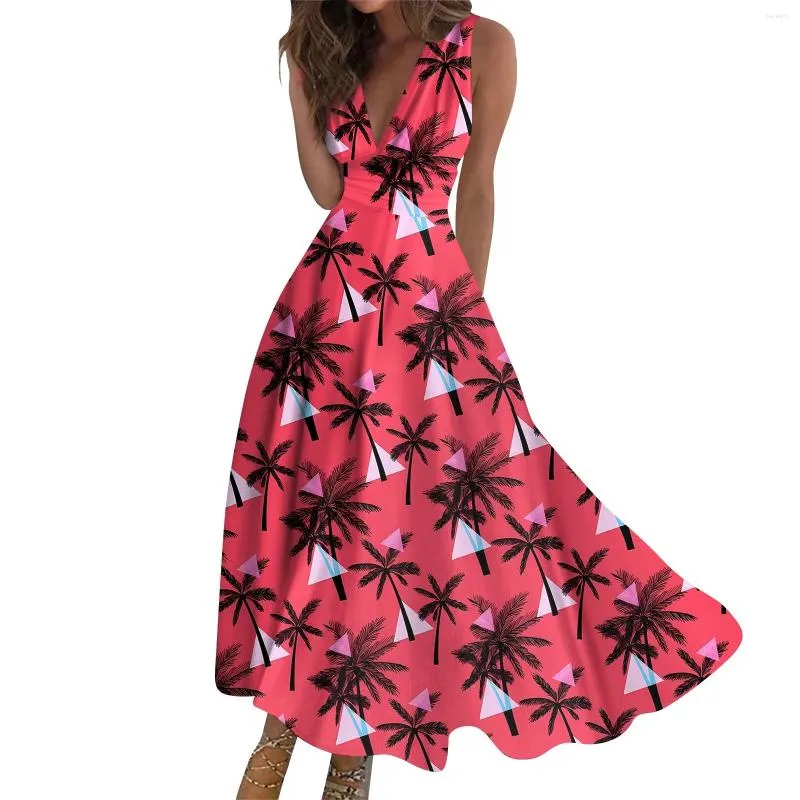 Casual Dresses Women's Hawaiian Floral Print Long kjol med V-ringning och ärmlös fashionabla strandkoreanska recensioner många kläder