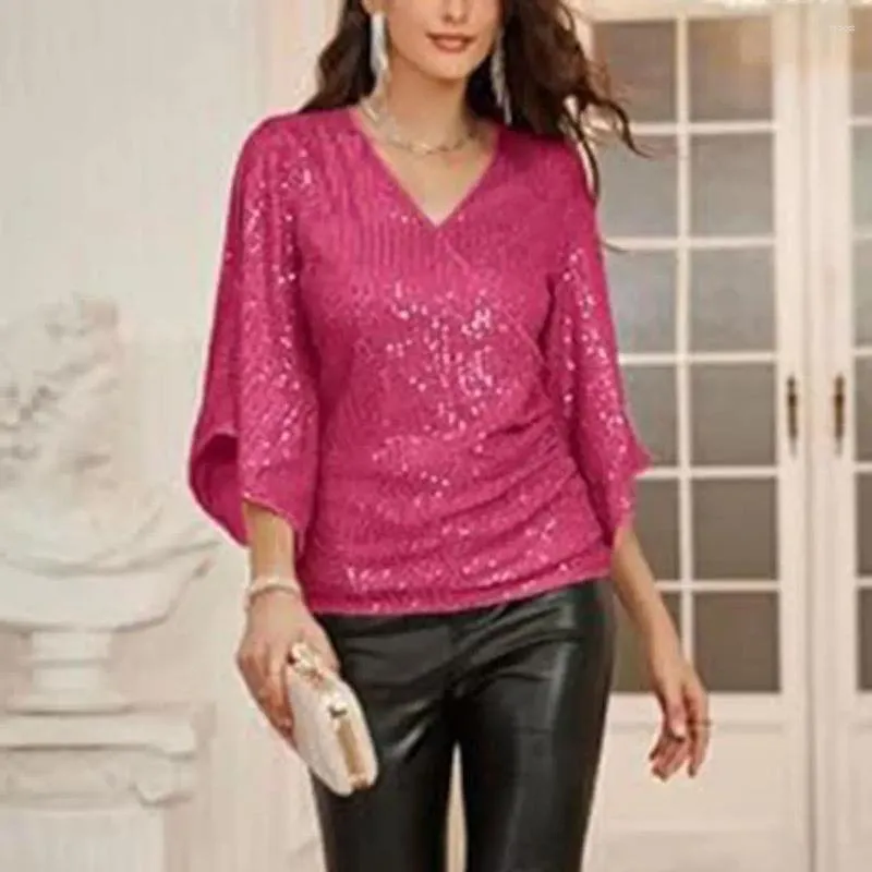 Kvinnors blusar Puffy Balloon Sleeve Shirt Sequin Hollow Out V Neck Blus For Women Three Quarter Soft Breattable Pullover Lady