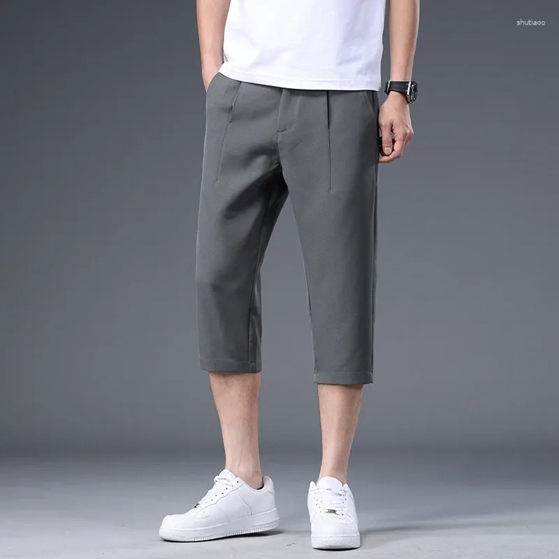 Men's Shorts Summer Ice Silk Pants 2024 Designer Solid Color Elastic Waist Calf Length Casual Korean Straight Fit Trousers