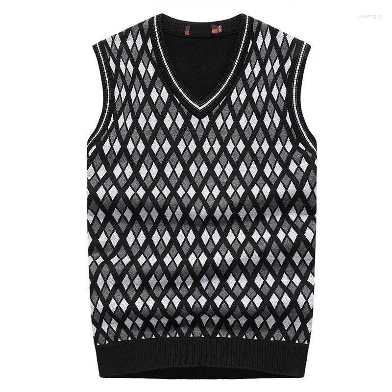 Herenvesten gebreide truien voor mannen mouwloze zwarte man kleren vest argyle waistcoat Japanese retro losse pasvorm in lange mouwen x