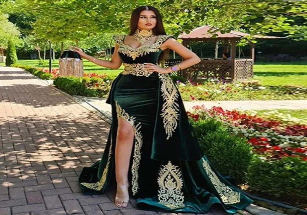 Sevintage 4 stycken sammet aftonklänning avtagbar kjol arabiska split prom klänningar applikationer spets tassel hög nack algerisk outfit6567514