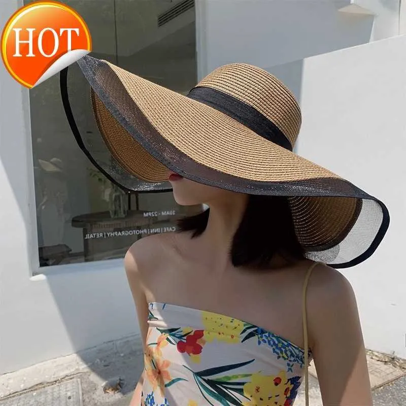 Large Brim Covering Face Hat Temperament European Root Yarn Fisherman Hat Womens Summer Thin Sunshade and Sunscreen Korean Straw