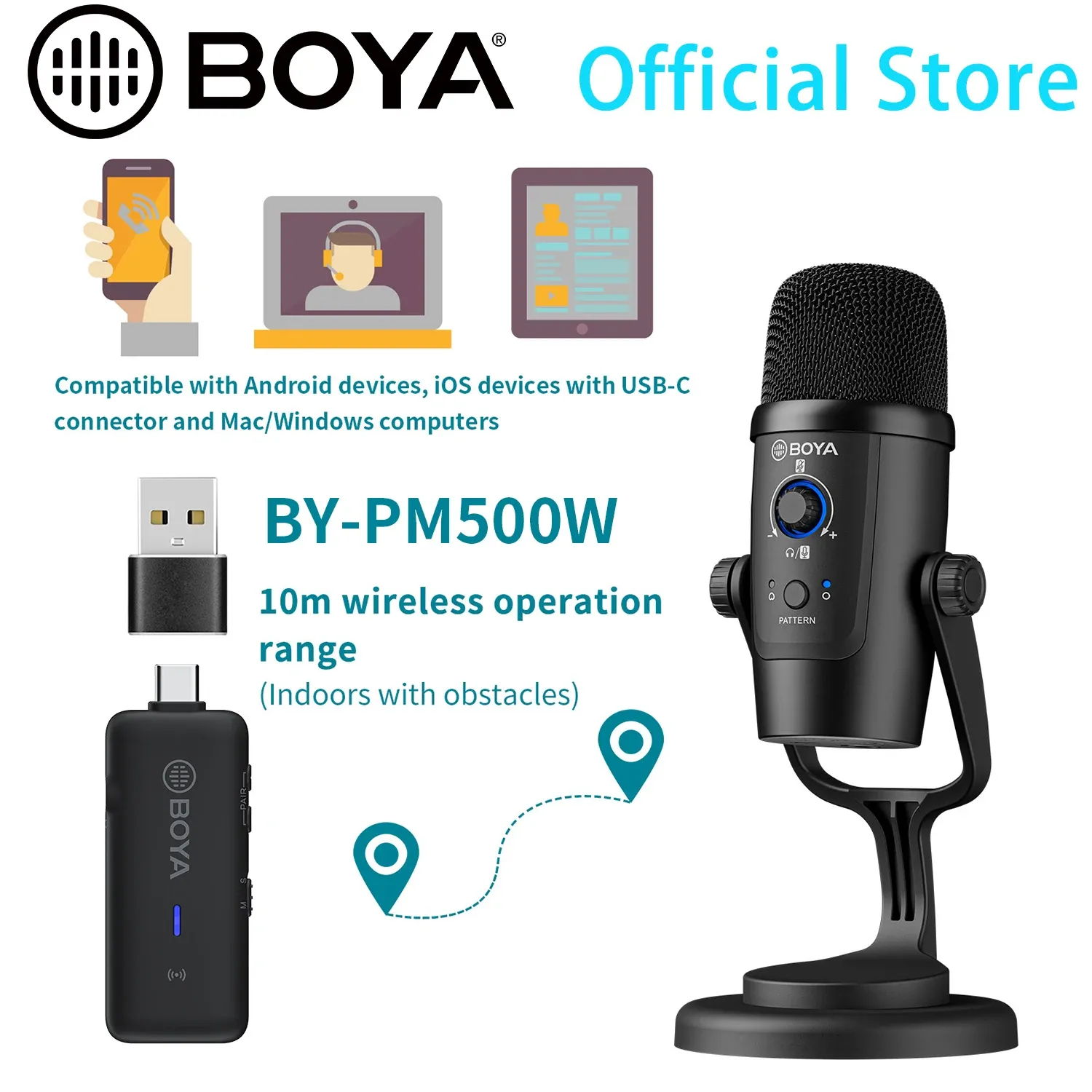 Microfoni Boya BYPM500W 2,4 GHz Microfono wireless USB per PC Telefono cellulare Android iPhone Mac Windows YouTube Registrazione Streaming Mic