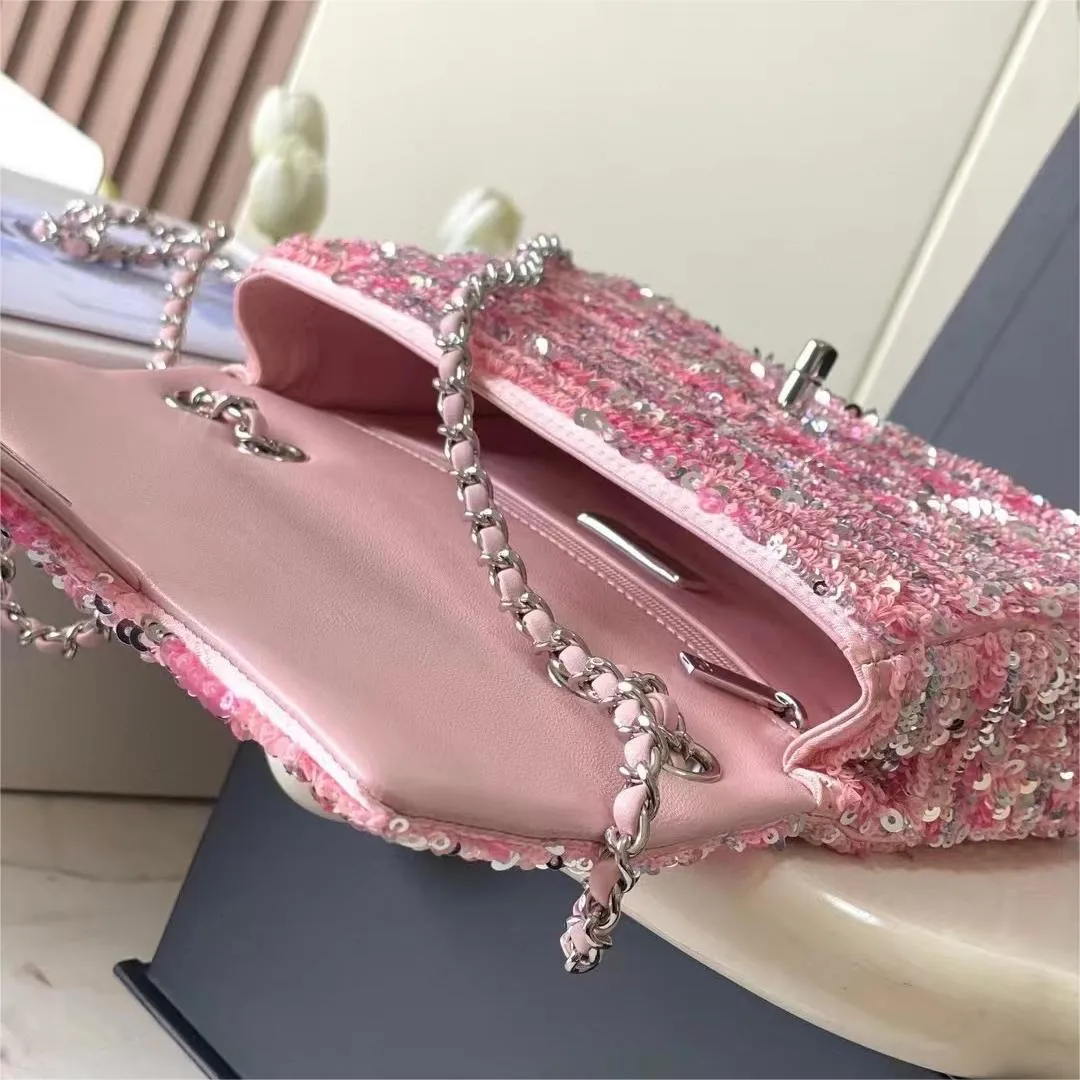 2024 İlkbahar Yaz En Yeni Mini CF Lüks Tasarımcı Çantalar Kadın Pembe Glitter Pullu Omuz Çantaları Çanta Lüksleri Crossbody Bag Zincir Tote Çanta