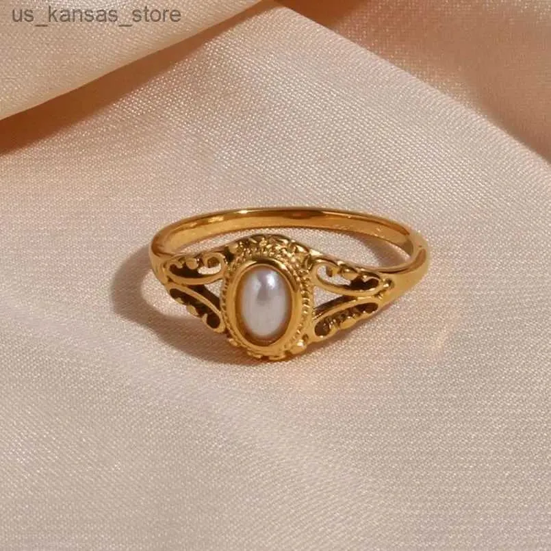 Pierścienie klastra Nowe cienkie 18-karne złota pusta tekstura naturalny pierścień perłowy słodkowodnej dla damskiej stali nierdzewnej Złota Pierścień Złota Pierścień 240408
