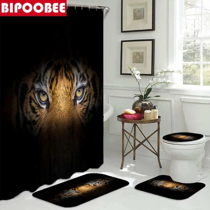 Duschgardiner 3D Tiger Black King of the Forest Mönster Badrumsgardin Toalettskyddslocket Non-halk Mattbadmattor