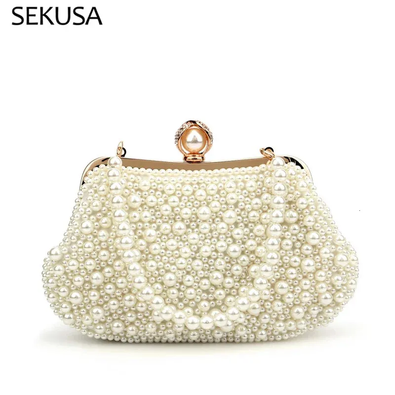 Beading Women Clutch Shell Design Evening Bag With Chain Shoulder Pearl Embroidery Handväskor Kedja axelväska 240329