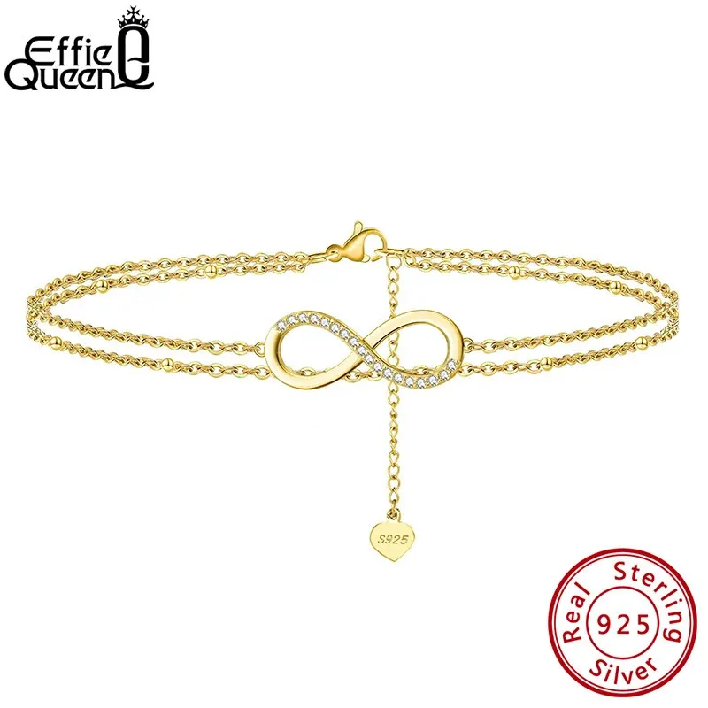 Effie Queen gelaagde Infinity Satellietketen Anklet 925 Sterling Silver Gold Poled Simple Women Beach Foot Sieraden SA16 240408