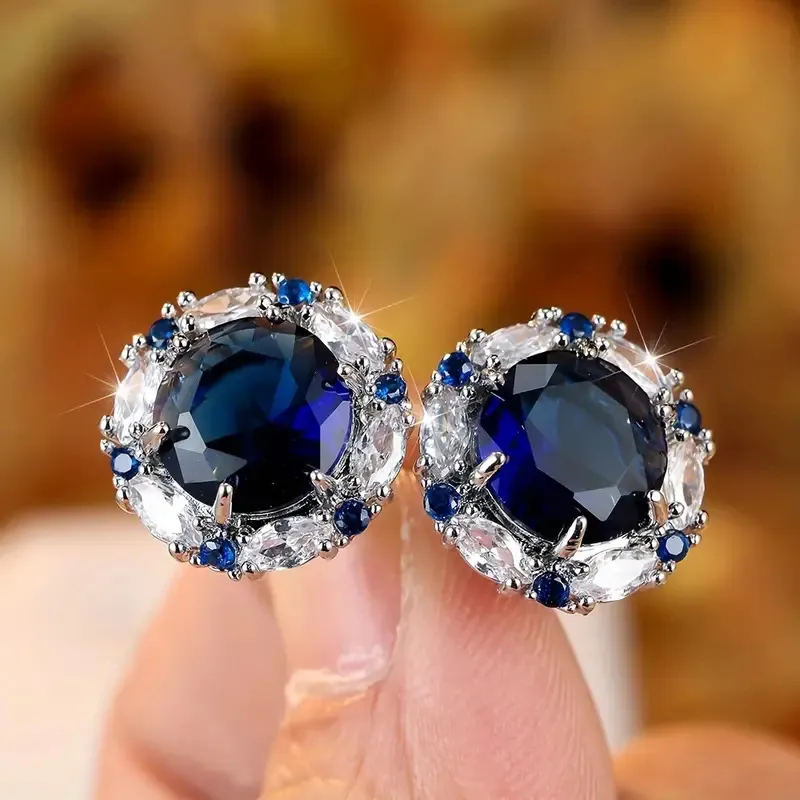 Women Fashion Zircon Round Luxury 925 Sterling Silver Diamond Classic Sapphire Crystal Stud Earrings Wedding Jewelry_voghion.com
