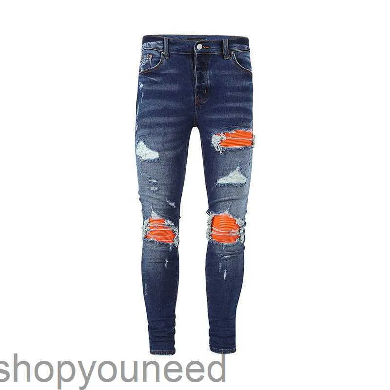 Designer Amirssmens Jeans High Street Blue Collated Orange Leather Double Knee Punch Cut SLP Jeans