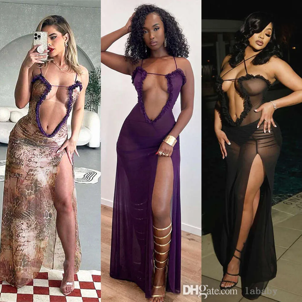 2024 New Summer Dress Women Sexy Mesh Hollow Out Long Dresses For Woman Nightclub Party Halter Sleeveless Split Maxi Dress For Ladies