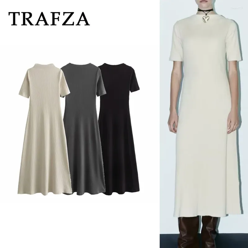 الفساتين غير الرسمية Trafza 2024 خريف الشتاء النساء خمر فستان متانوي الصلبة O عنق pullovers سترة طويلة Vestidos Mujer Chic