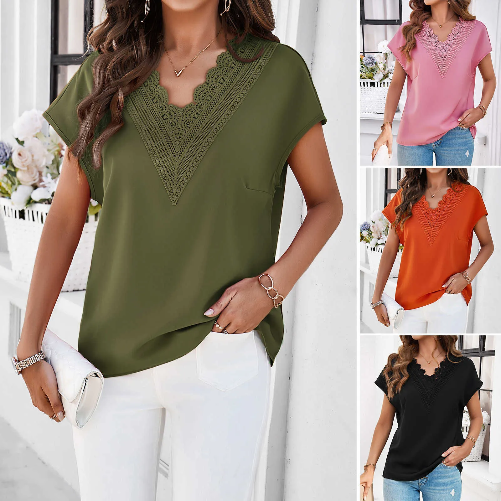 Women V Neck Blus Short Sleeve Summer Casual Loose Shirt Tops