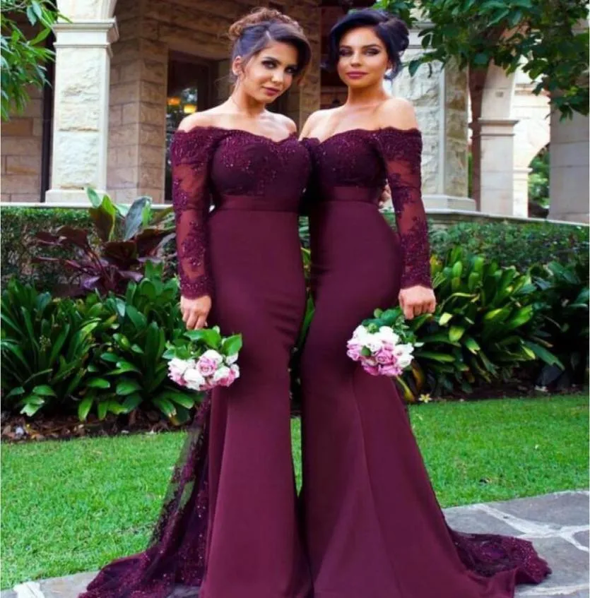 Cheap Bridesmaid Dresses Sweep Train Lace Long Sleeves Purple Country Bridesmaid Dress Junior Dresses Off the Shoulder Wedding Gue1051172