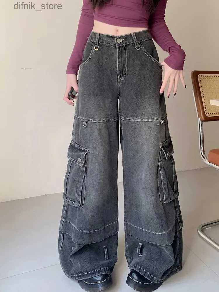 Damesjeans 2024 Spodnie Y2K Strtwear Multi -zakken Baggy jeans vrachtbroek voor vrouwen 90s kleding vintage Harajuku brede been dame broek Y240408