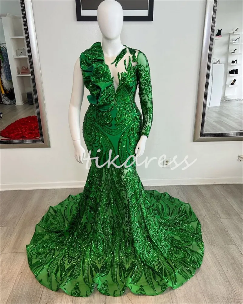 Luxe groene plus size prom -jurken Sparkly Pargin One Shoulder Mermaid avondjurken 2024 zwarte meisjes formeel verjaardagsfeestje aso ebi vestidos de noche robe de soiree