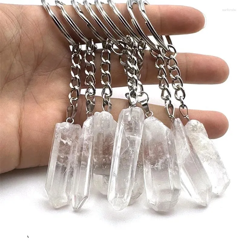 Keychains 10st Natural Rough Raw Stone Crystal Pillar Pendant Mineral Quartz Keychain Charms Hangle Car Key Holder Ring Jewelry