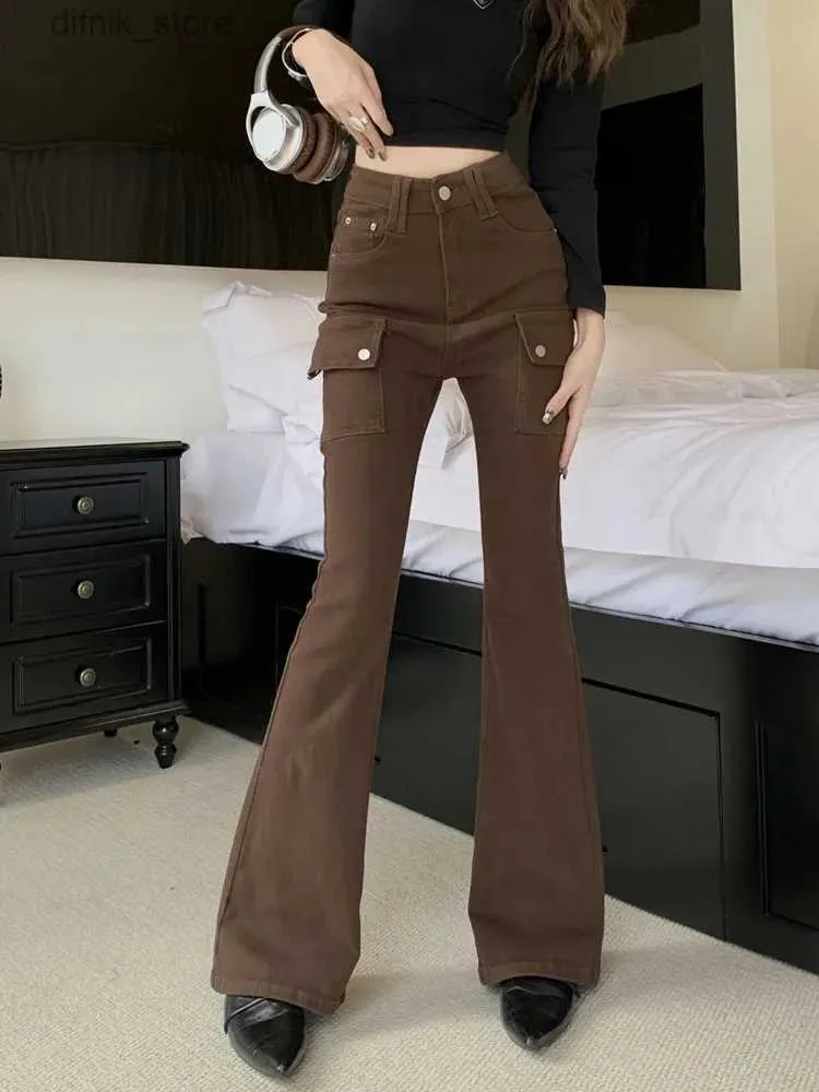 Kadınlar Kot 2023 Siber Y2K Moda Vintage Brown İnce Parlamış Kargo Kot Pantolon Kadınlar için Kore tarzı Giysiler Günlük Lady Harajuku Pantolon Y240408