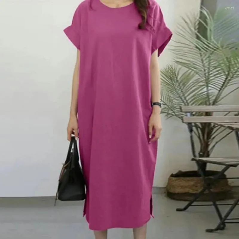 カジュアルドレスルーズフィットドレススタイリッシュプラスサイズの女性の夏のミディサイドスプリットヘム通気性布