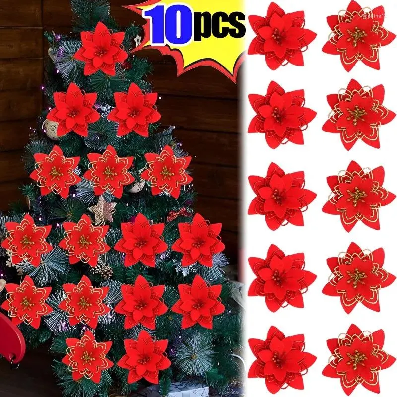 Kwiaty dekoracyjne 1/10PCS Kwiat Bożego Narodzenia czerwony brokat proszkowe głowice na noel dom ozdoby drzewa navidad imprezowy stół