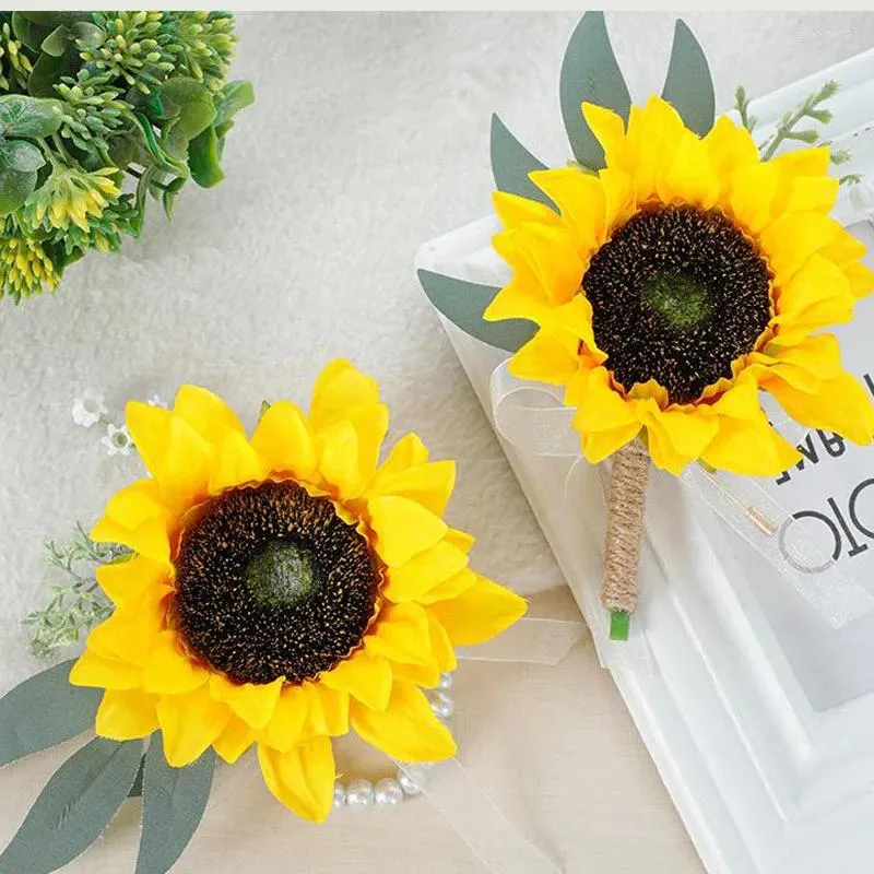 Decorative Flowers Forest Simulation Sunflower Bride And Groom Wrist Flower Corsage Wedding Sister Group Hand Dress Bridesmaid Brooc