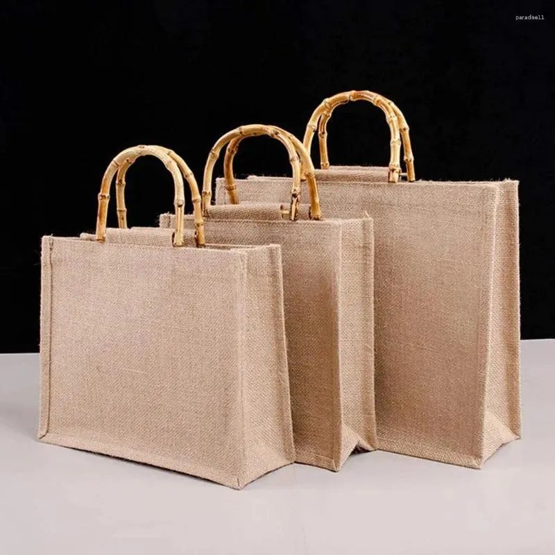 Shopping Bags Portable Bag Jute Bamboo With Ring Handles Tote Light Brown