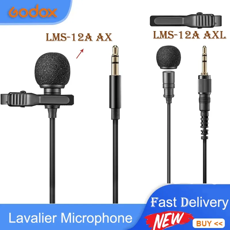 Mikrofonlar Godox LMS12A AXL AXL 3.5mm TRS JACK Mini Taşınabilir Mikrofon Kondenser Klipon Yakası Lavalier Mic Kablolu Mikrofon Dizüstü bilgisayar için telefon için