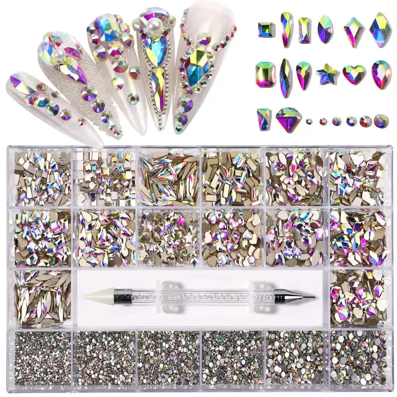 Scrubber Nail Art Rhinestones Kit Acrylic Boxed 21 Grids Mixed Size Set 1pc Pick Up Pen Large Crystal Decorations 3d Ab Flat Gem