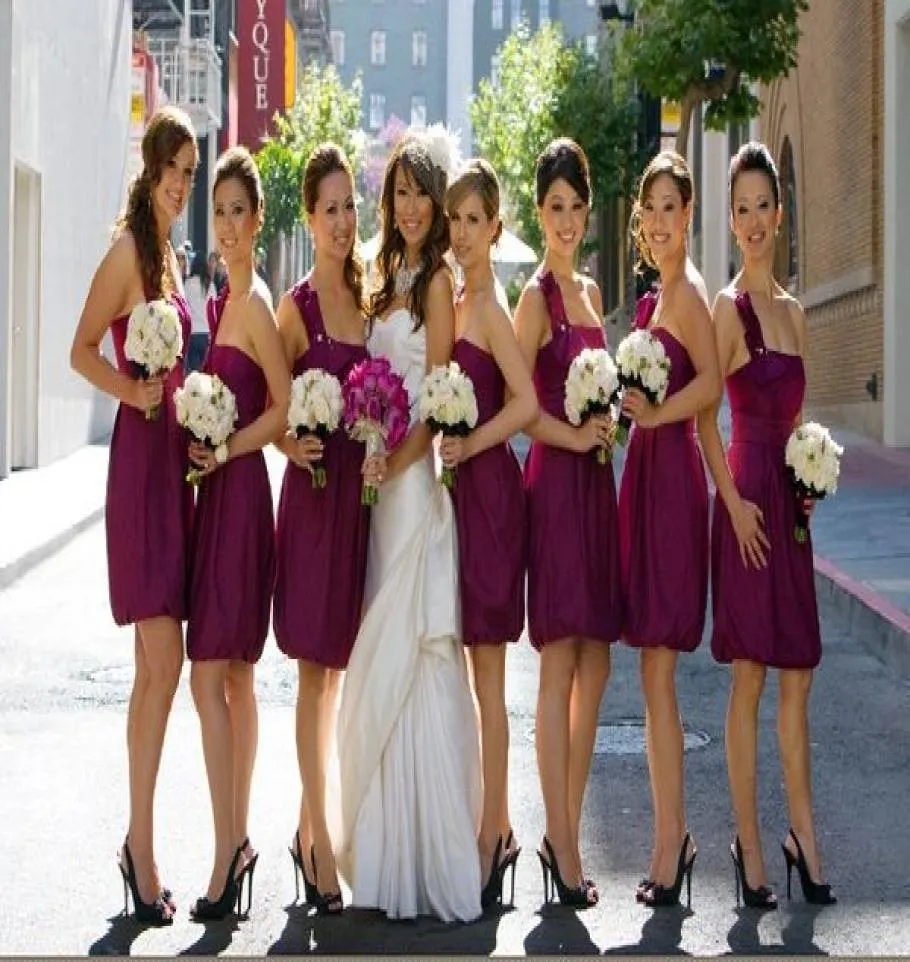 Selling A Line Knee Length Purple Taffeta Garden Bridesmaid Dresses Pleats Beads Cheap Strapless Bridesmaid Gowns Sexy Designe4444397